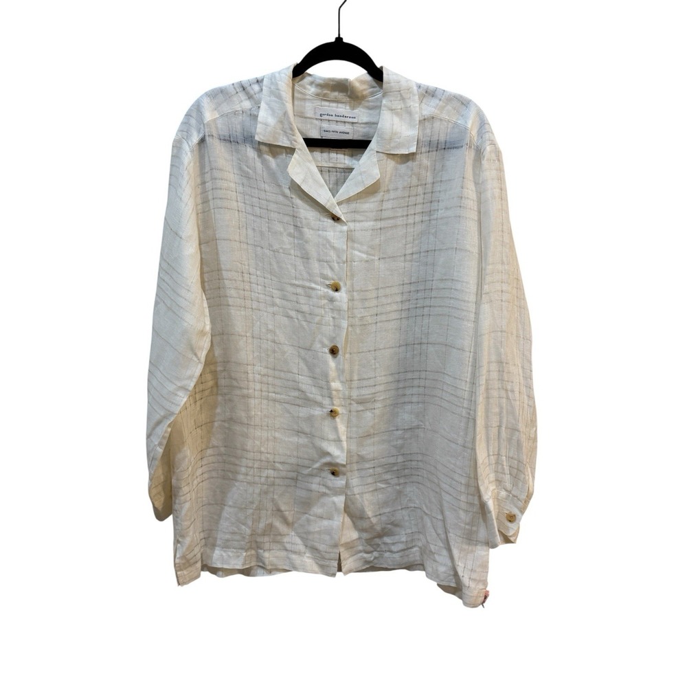 Gordon Henderson For SAKS 100% Linen Button Down Top Size 12 Plaid Off White